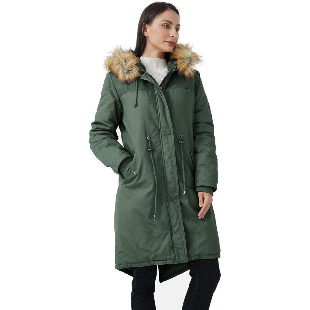 Women's Olive Light Fluffy Lined Long Sleeve Hooded Vest Jacket Coat Winter Warm